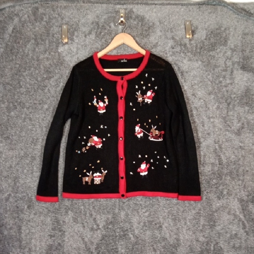 Erika Black Christmas Holiday Natti Style Cardigan Button Up Womens Medium
